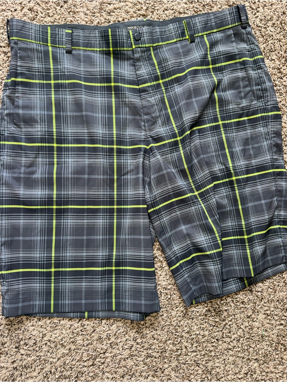 Nike Golf Dri-Fit Gray Plaid Shorts with Lime Accent